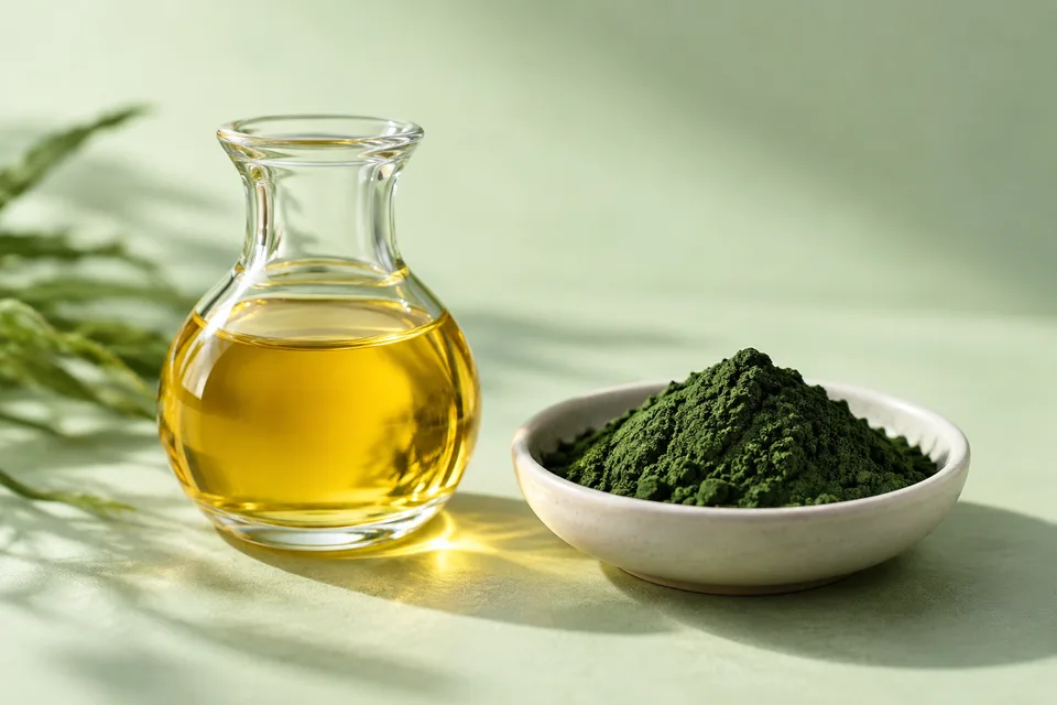Illustrative golden oil and dark green microalgae powder in separate containers