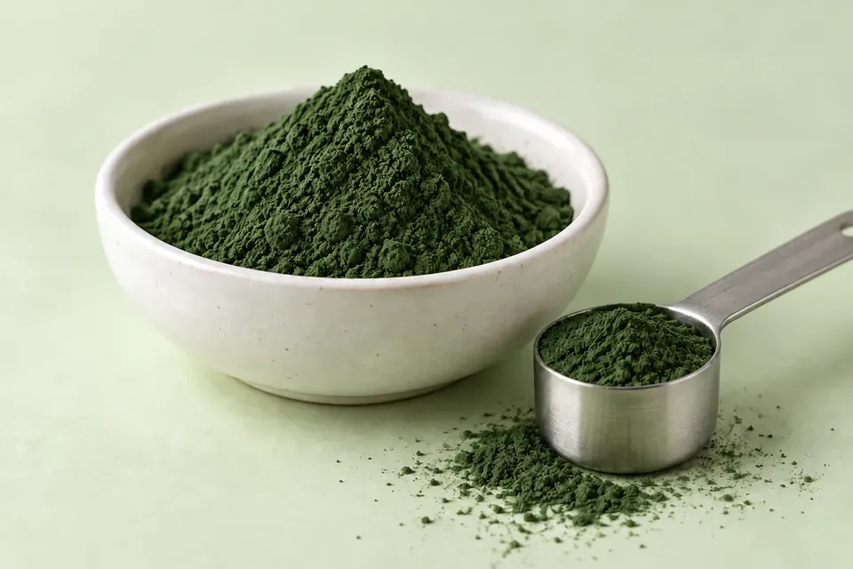 Illustrative dark green whole-cell powder in a nutrition application