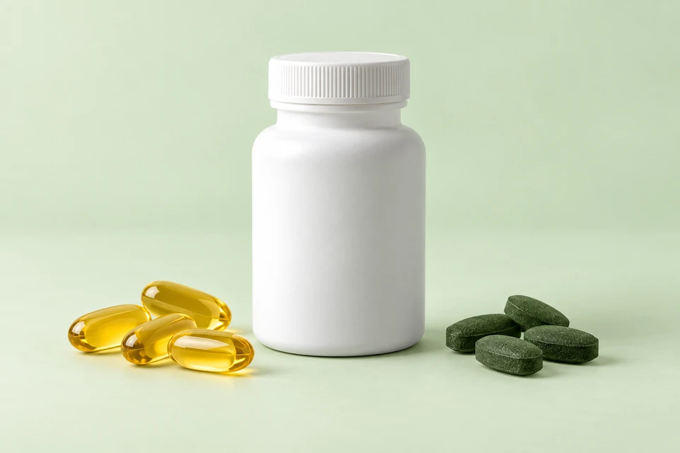 Golden oil softgels and dark green compressed microalgae tablets beside an unlabelled bottle