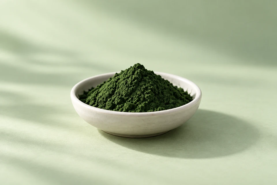 Illustrative single-product shot of dark green whole-cell microalgae powder