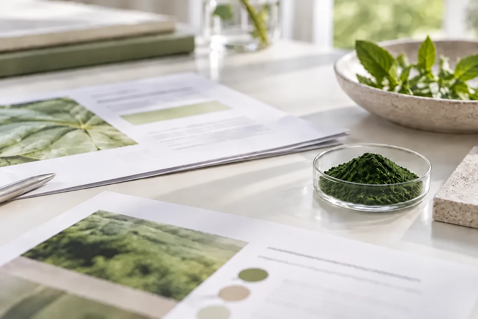 Illustrative dark green whole-cell microalgae powder and specification planning