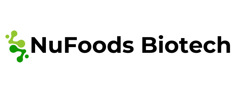 NuFoods Biotech Logo Black Text with Green Algae symbol