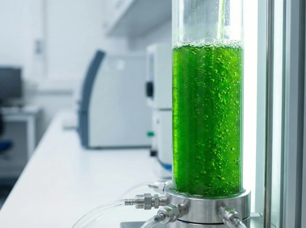 Close-up of a laboratory flask containing a pure, vibrant green microalgae culture, representing the original source of Omega-3.