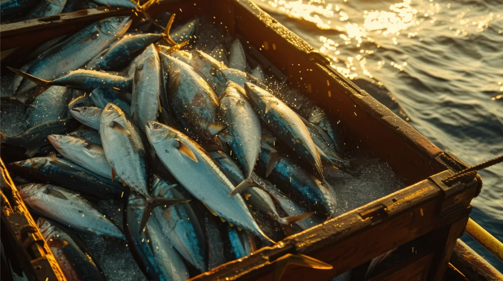 A wooden crate filled with wild-caught fish, illustrating the limited and stagnant global supply of fish oil.